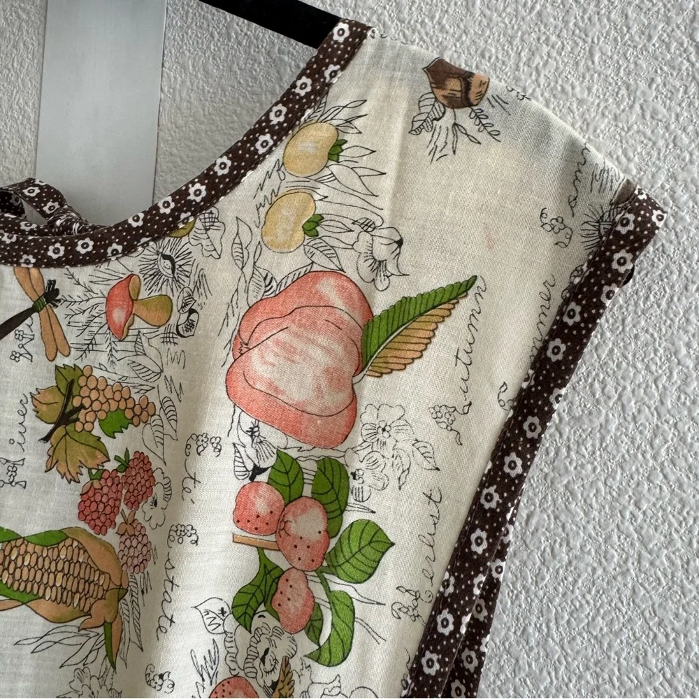 Vintage Floral Fruit Mushroom Print Apron Dress Tie Back Trad Cooking Cottage - Picture 5 of 13